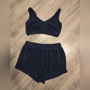 Aerie Offline Navy Blue Terry Cloth Bralette And Short Set